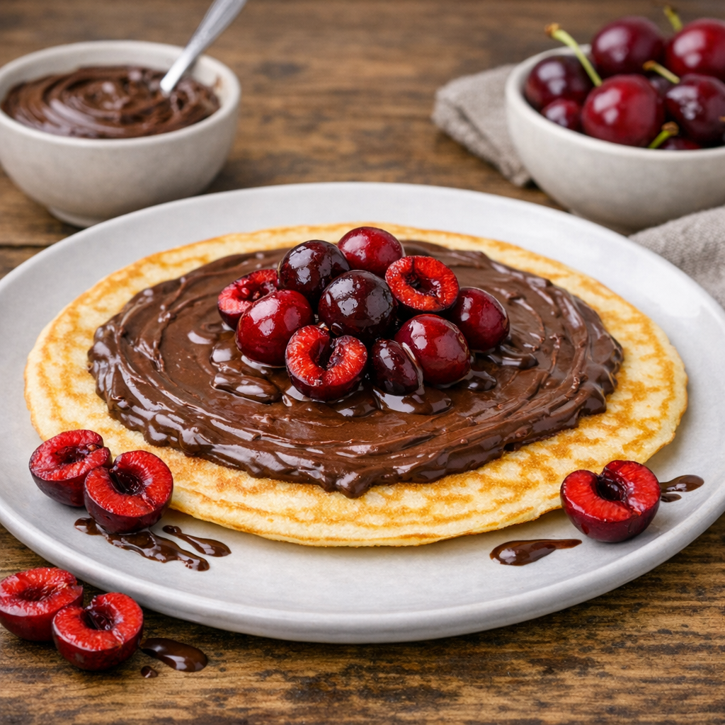 Sweet pancakes with cherries and chocolate spread